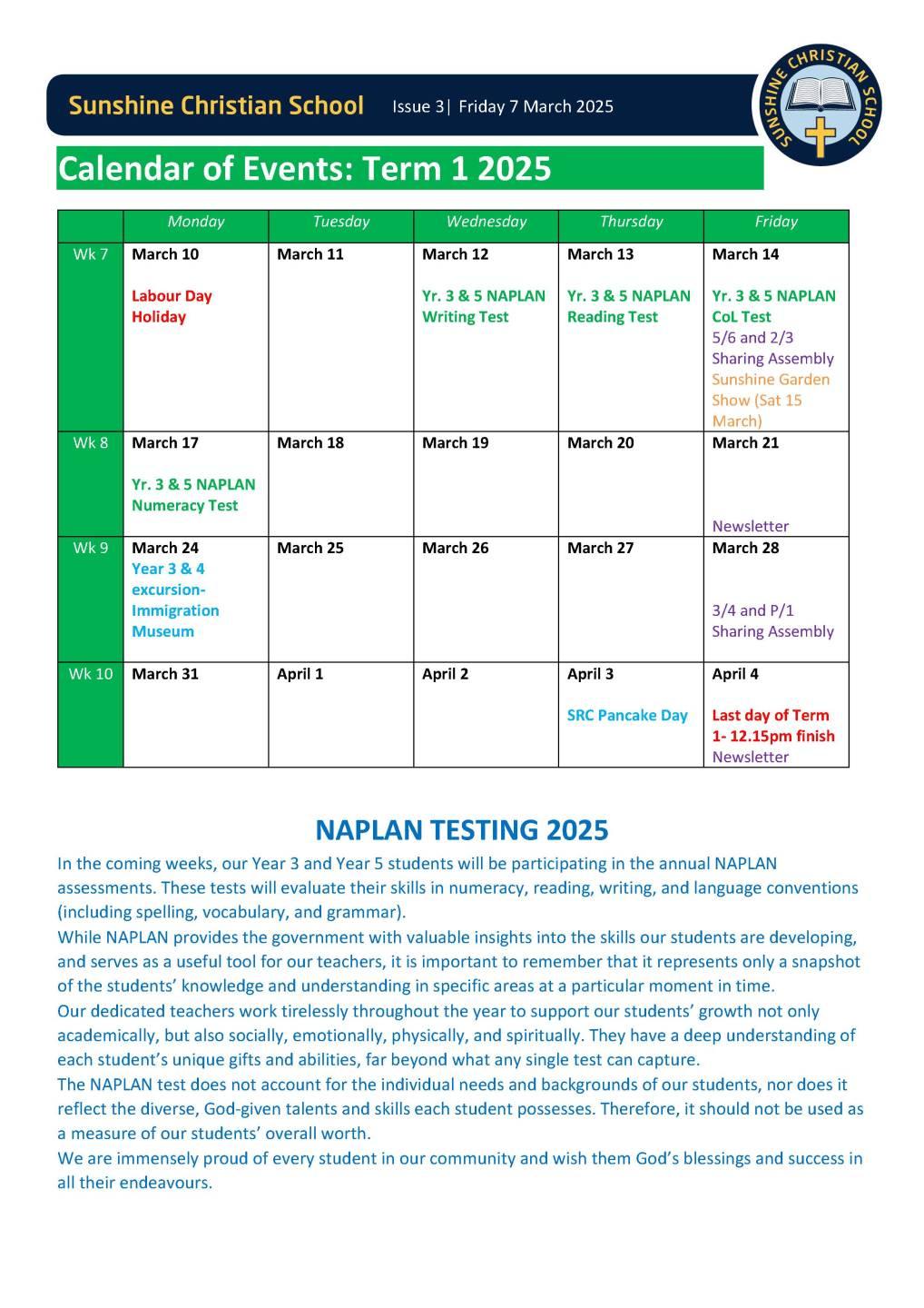 Calendar of Events Term 1 Week 6